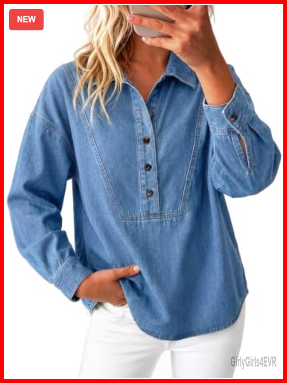 Women's Denim Button Down Shirt Long Puff Sleeve Collared Blouse